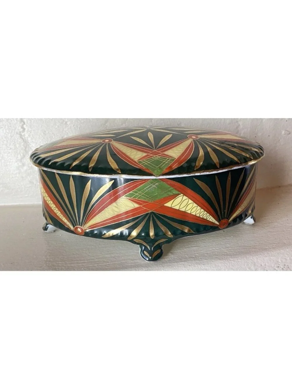 Antique Baensch Lettin Art Deco Hand Painted Porcelain Trinket Box With Lid